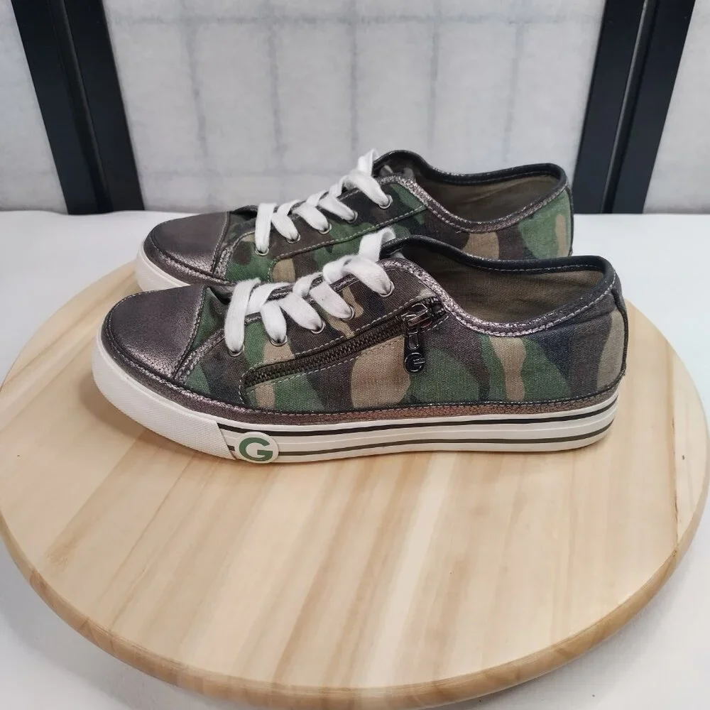G by GUESS Camo Metallic Bronze Sneakers Decorative Zipper Women US 8.5M - Picture 3 of 10